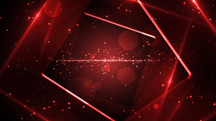 Red virtual abstract background space tunnel with neon line lights. Reality square portal arch tunnel. Spectrum vibrant colors laser show.