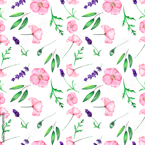 Seamless pattern of flowers and leaves. Delicate watercolor for textiles, Wallpaper, packaging and original design solutions.