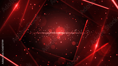 Red virtual abstract background space tunnel with neon line lights. Reality square portal arch tunnel. Spectrum vibrant colors laser show.
