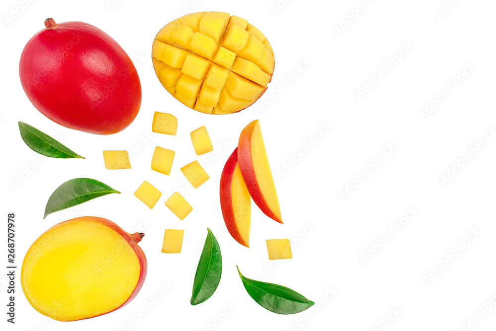 Mango fruit and half with slices isolated on white background with copy space for your text. Top view. Flat lay Mango fruit and half with slices isolated on white background with copy space for your text. Top view. Flat lay