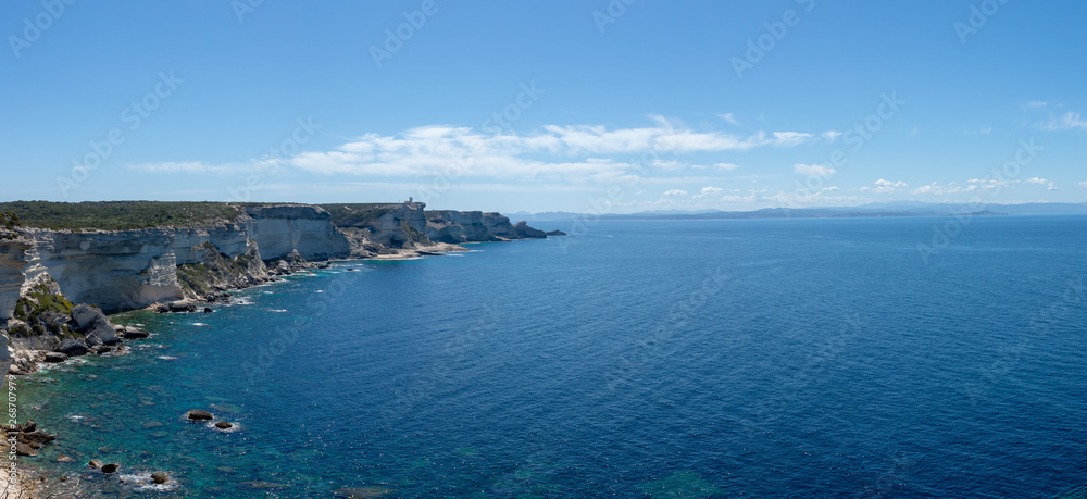 Panoramic view over Bonifacio cliff and the sea, Corsica, France