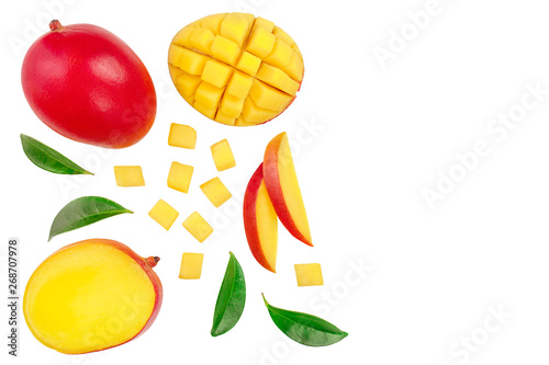 Mango fruit and half with slices isolated on white background with copy space for your text. Top view. Flat lay