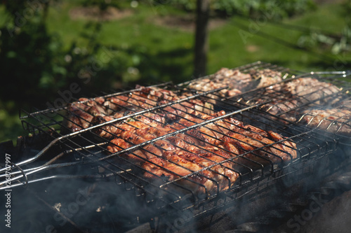 grilled pork are cooked outdoors, summer picnic, close-up.