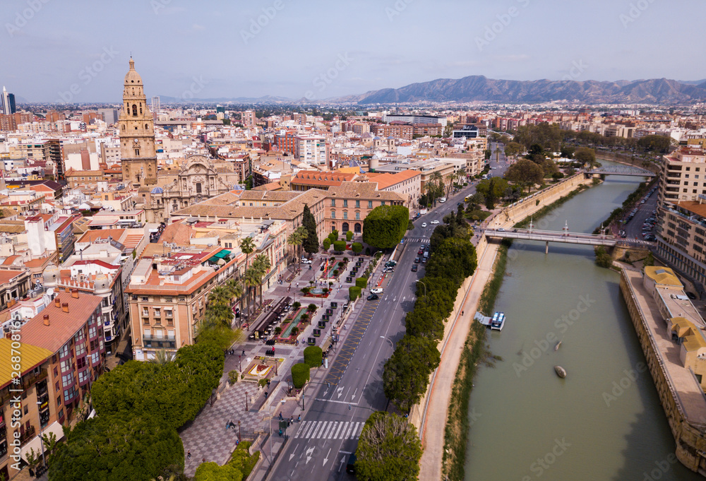 Aerial view of part of european city  Murcia with coast line of segura river