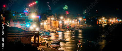 Beautiful night panorama skyline view of the ghats and Ganges River in Varanasi  India on Divali