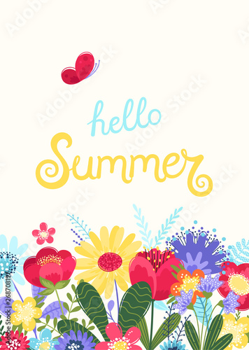 Hello summer background vector with flowers and a butterfly. Vector illustration with hand drawn text and flowers in flat style isolated on white background.