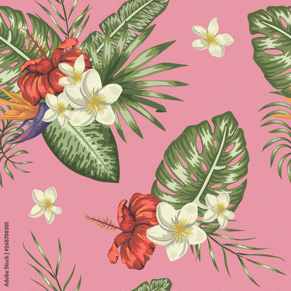 Vector seamless pattern of green tropical leaves with plumeria and hibiscus flowers on pink background. Summer or spring repeat tropical backdrop. Trendy exotic jungle ornament. Vector seamless pattern of green tropical leaves with plumeria and hibiscus flowers on pink background. Summer or spring repeat tropical backdrop. Trendy exotic jungle ornament.