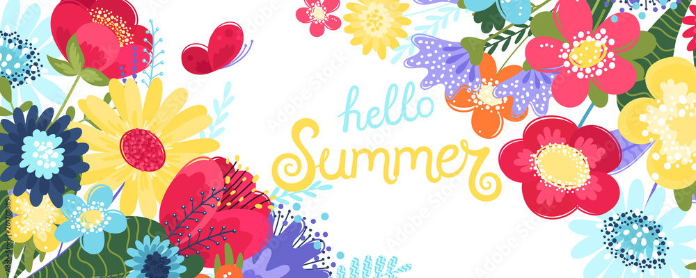 Fototapeta Hello summer background vector with flowers and a butterfly. Vector illustration with hand drawn text and flowers in flat style isolated on white background.