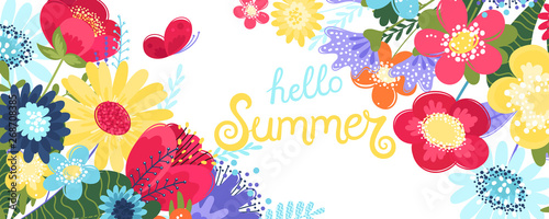 Fototapeta Hello summer background vector with flowers and a butterfly. Vector illustration with hand drawn text and flowers in flat style isolated on white background.