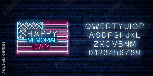 Happy memorial day glowing neon sign with usa flag and alphabet. National united states holiday greeting card