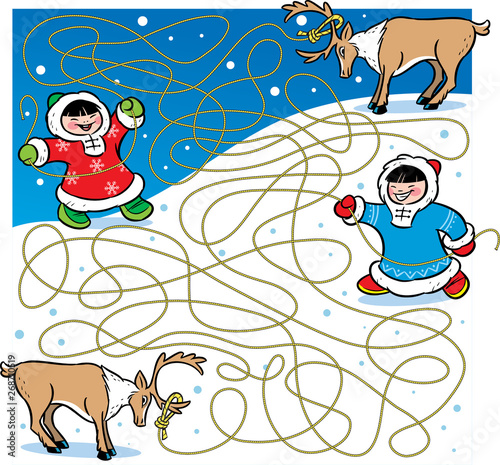In vector illustration, a maze puzzle in which you must decide what of deer does an Eskimo child lead