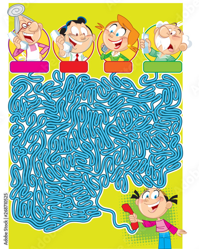 In vector illustration  a maze puzzle in which you must decide who the girl is calling