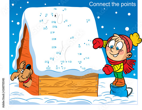 In vector illustration, a puzzle in which you must connect the dots to find out what the boy drew on the roof of the doghouse