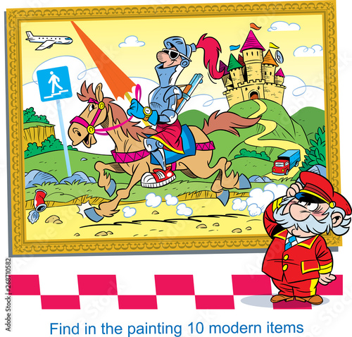 In the vector illustration puzzle with an old painting, in which you need to find ten modern items.