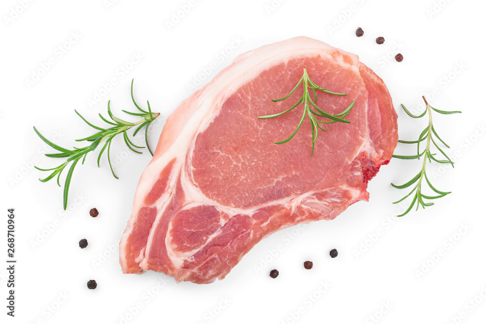 sliced raw pork meat with rosemary isolated on white background. Top view. Flat lay