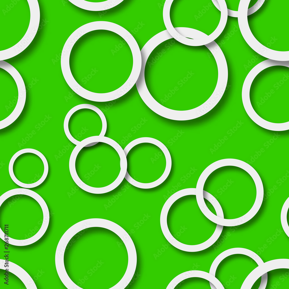 Abstract seamless pattern of randomly arranged white rings with soft shadows on green background Abstract seamless pattern of randomly arranged white rings with soft shadows on green background