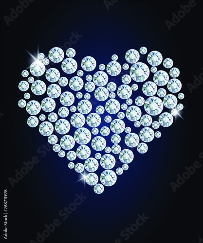 Illustration of heart made up a lot of diamonds on the dark background