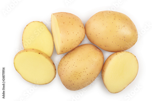Young potato isolated on white background. Harvest new. Top view. Flat lay 