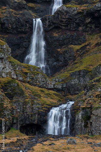 Icelandic waterfall, nordic waterfall in east fjords, Iceland