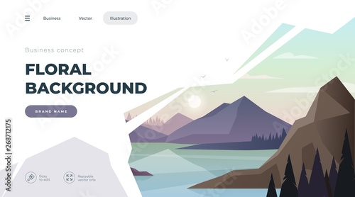 Landing page template. Modern landscape background with trees and mountain peaks. Vector illustration