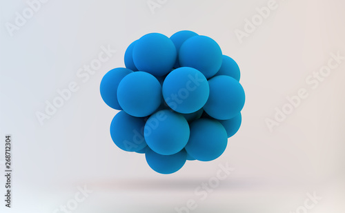 Molecule 3D concept illustration. Abstract spheres. Blue balls. Concepts of chemistry research, graphic of molecule structure. Group of atoms. Science element for design or banner background.