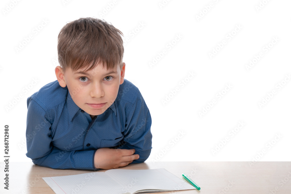 A student wearing a blue shirt, sitting at his desk and peering intently at the viewer. A student wearing a blue shirt, sitting at his desk and peering intently at the viewer.