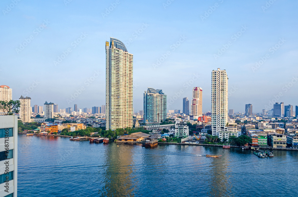 Skyline of Bangkok  at the banks of the Chao Phraya River