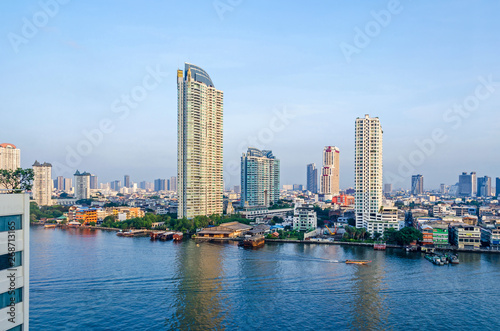 Skyline of Bangkok  at the banks of the Chao Phraya River