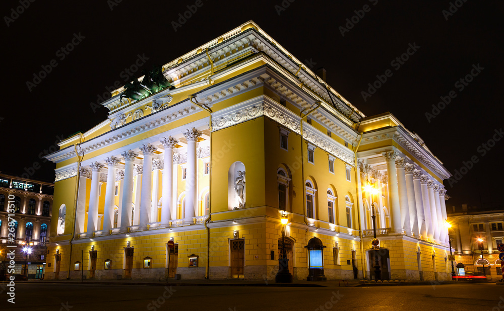 Alexandrinsky theatre, Ostrovsky square at night in Saint Petersburg, Russia