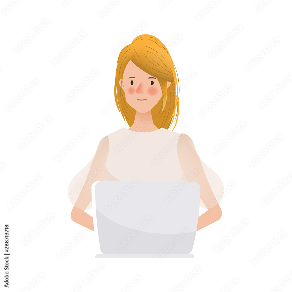 Hand drawn young woman working on laptop character. Hand drawn young woman working on laptop character.