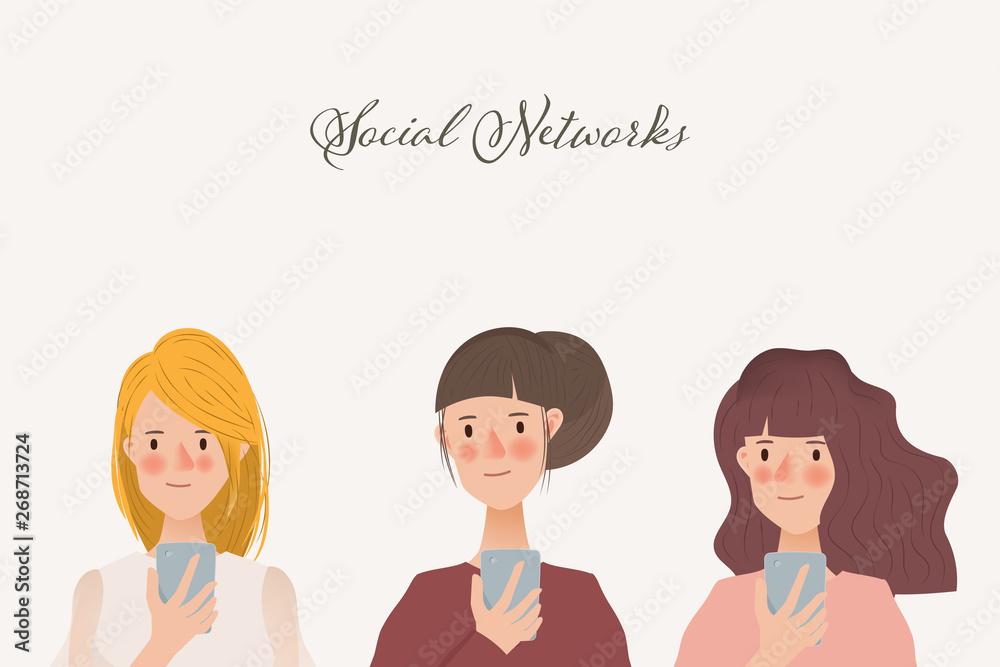 Young people are using smartphones. Social media and communication. Hand drawn character. Young people are using smartphones. Social media and communication. Hand drawn character.