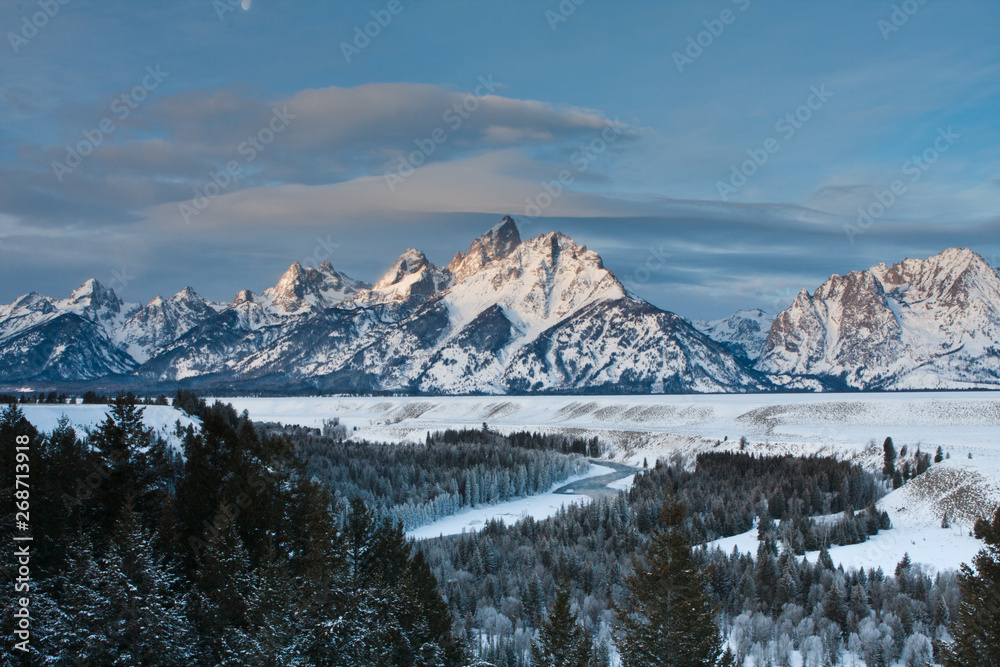 view of grand tetons from snake river overlook