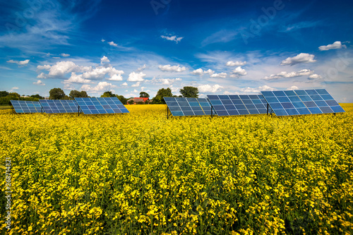 Panoramic view on yellow rapeseed field with solar energy panel