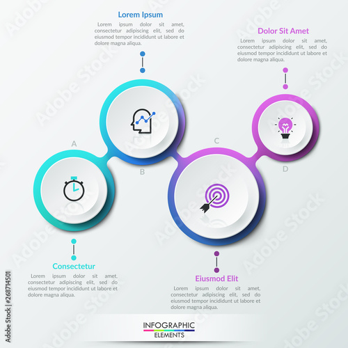 Four lettered white round elements of different size connected by gradient zigzag line. Concept of 4 project development steps. Creative infographic design template. Vector illustration for brochure.