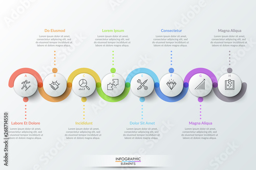 Eight circular paper white elements with thin line icons inside, colorful translucent stripe curving around it and text boxes. Realistic infographic design template. Modern vector illustration.