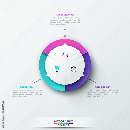 Circular diagram divided into 3 equal parts with thin line symbols inside and arrows pointing at text boxes. Concept of three options to choose. Bright infographic design layout. Vector illustration.