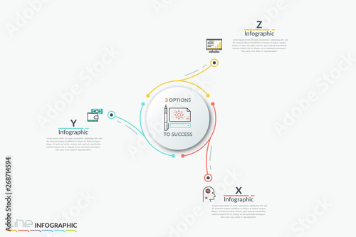 Round diagram with central circular paper white element connected with 3 thin line pictograms and text boxes. Modern infographic design template. Vector illustration for presentation, report.