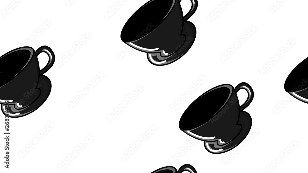 Seamless pattern of black and white repeating glasses and ceramic cups with a quick hot invigorating coffee American espresso robica arabica on a white background. Vector illustration Seamless pattern of black and white repeating glasses and ceramic cups with a quick hot invigorating coffee American espresso robica arabica on a white background. Vector illustration