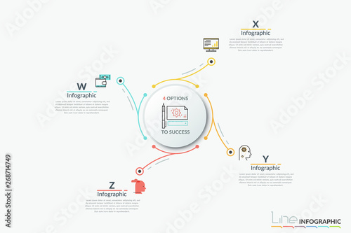 Circular chart with main round paper white element in center connected with 4 thin line icons and text boxes. Concept of four options to choose. Infographic design template. Vector illustration.