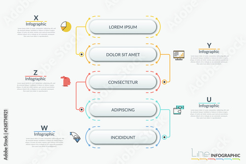 Vertical flowchart with connected 5 rounded elements. thin line symbols and text boxes. Hierarchical scheme, workflow diagram. Infographic design template. Vector illustration for presentation.