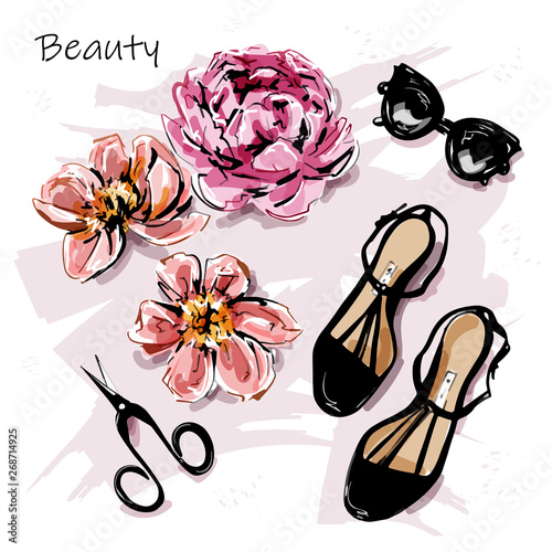 Hand drawn cute set with flowers, sunglasses, shoes and scissors. Beautiful female accessories. Sketch. Vector illustration.