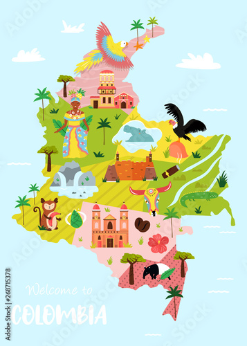 Bright illustrated map of Colombia. Travel banner photo