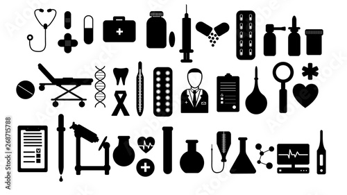 A large simple set of items on medical subjects, pills and tools of a doctor thermometers syringes flasks flasks medication on a white background. Vector illustration