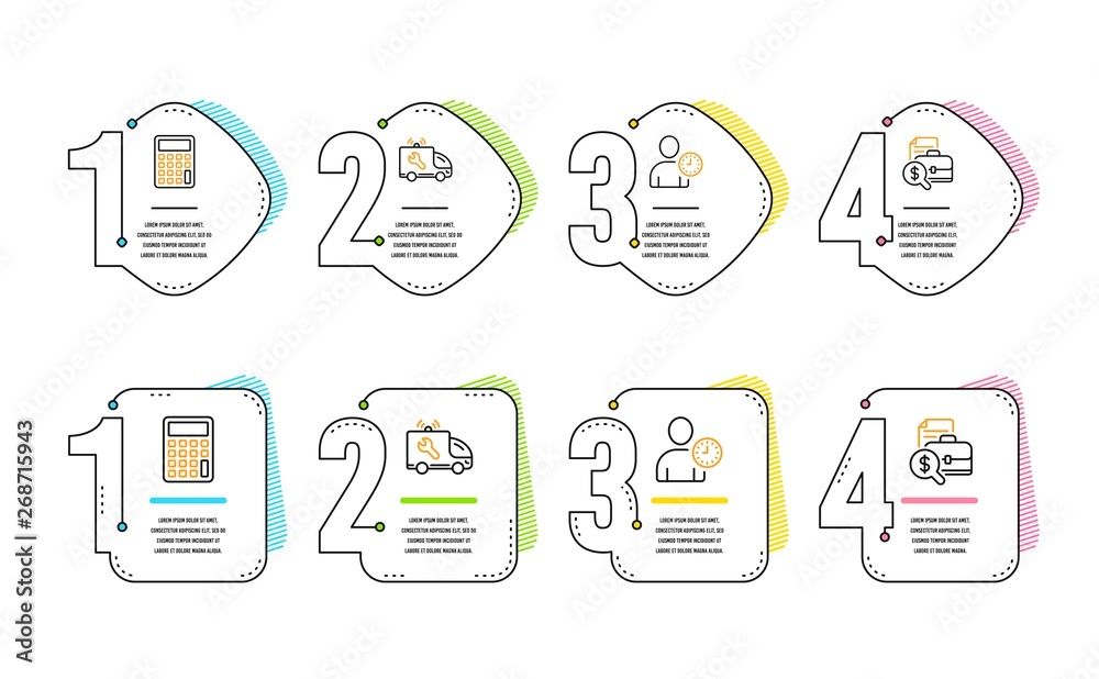 Car service, Calculator and Time management icons simple set. Accounting  report sign. Repair service, Accounting device, User with clock. Financial  case. Business set. Infographic timeline. Vector Stock Vector | Adobe Stock