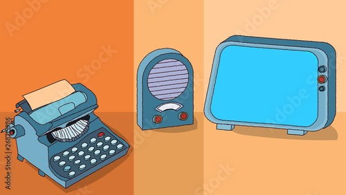 Retro tv, retro radio, retro typewriter. Vector vintage communication instruments. Pastel diffrent orange background. drawing vector illustration.