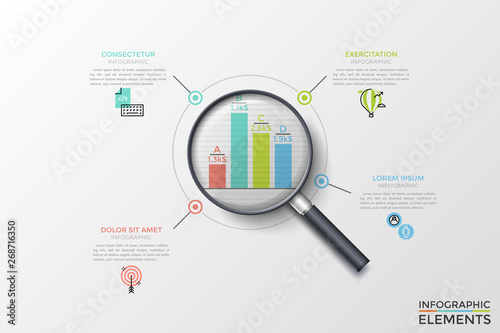 Bar chart or graph seen through magnifying glass, thin line symbols and text boxes. Concept of financial profit or earnings comparison. Modern vector illustration for presentation, brochure, report.