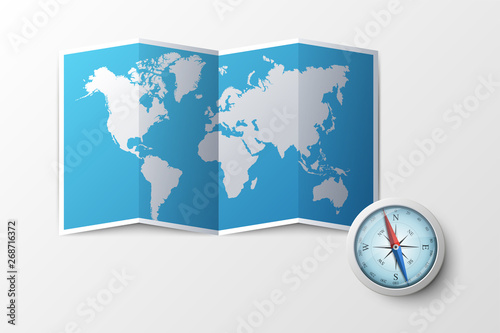 Paper clean world geographic map and magnetic compass. Concept of tourism, travel, adventure, navigation, cartography, geography. Editable modern vector illustration for banner, poster, website.