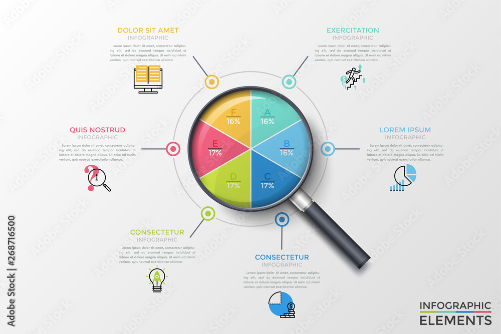 Poster Realistic magnifier with circular chart inside divided into 6 ...