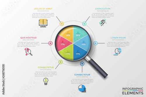 Realistic magnifier with circular chart inside divided into 6 multicolored parts with letters and percents, text boxes. Concept of percentage analysis. Vector illustration for statistical report.