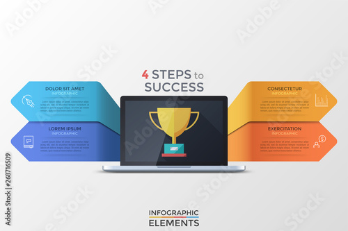 Laptop with golden champion cup on screen and 4 colorful elements or arrows with thin line pictograms and text boxes inside. Concept of four features of winner strategy. Modern vector illustration.